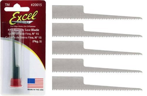 Fine saw blades for precise cutting in various materials, made of durable carbon steel; pack of 5 fits standard X-Acto knives.