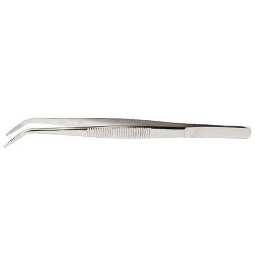 Precision curved tweezers with sharp point and ribbed grip for delicate tasks in crafts and hobbies, measuring 4.5 inches.