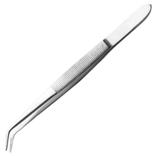 6" curved pointed stainless steel tweezers for precision tasks in jewelry making, electronics, and model crafting.