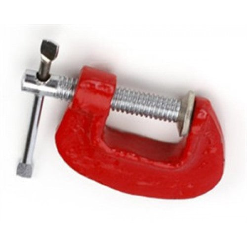 Vivid red iron C-clamp with smooth screw and pressure tip, perfect for woodworking and crafts.