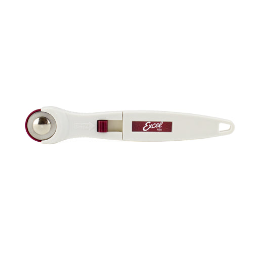 Precision rotary cutter with carbon steel blade, ergonomic handle, and dual-action safety lock for versatile crafting.