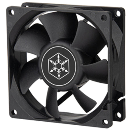 Compact SilverStone FN80B 80mm case fan with hydraulic bearing, 2000 RPM, 27.81 CFM airflow, and low 22.9 dBA noise level.