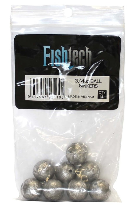 Fishtech 3/4oz ball sinkers in a pack of 8, designed for accurate casting and seamless movement in water currents.