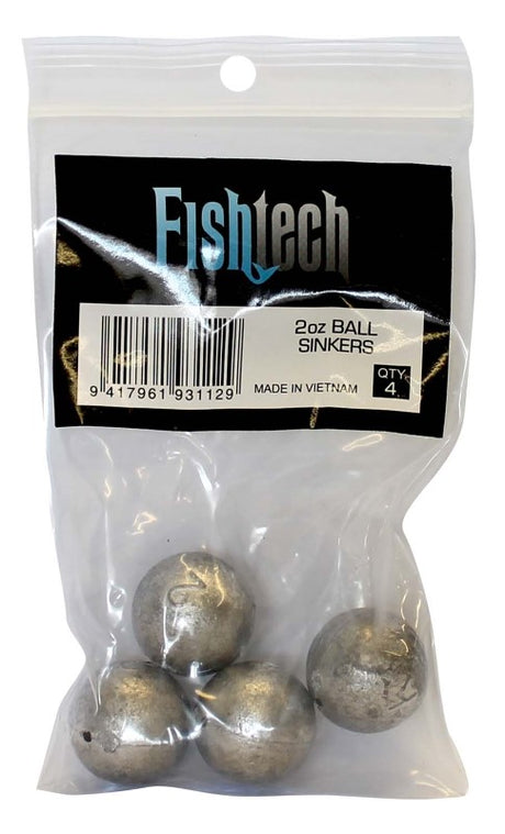 Fishtech 2oz Ball Sinkers pack of 4, designed for precise casting and effective bait movement in various fishing conditions.