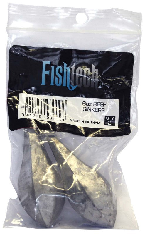 Fishtech Reef Sinkers 6oz pack featuring two durable bowling-pin shaped sinkers for effective bottom fishing.