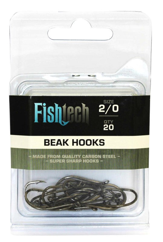 Fishtech Beak Hooks 2/0, 20-pack, durable carbon steel hooks with long shank, chemically sharpened, ideal for fresh and saltwater fishing.