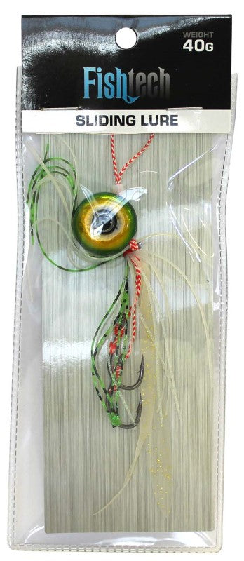 Vibrant green Fishtech 40g Slippery Slider Lure with unique jig head and fluttering ties for effective fish attraction.