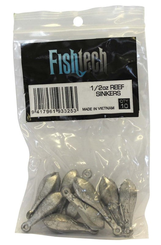 Fishtech Reef Sinkers 1/2oz pack of 10; bowling-pin shape for optimal bait presentation in deep water.