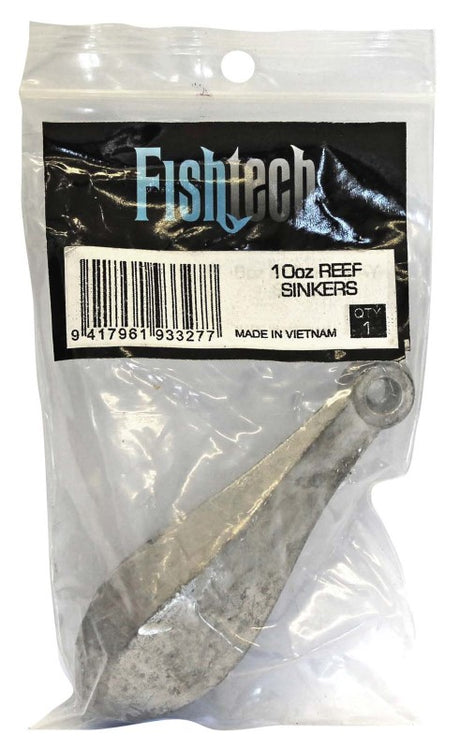 Alt text: "Fishtech Reef Sinker 10oz, bowling-pin shaped sinker designed for effective bottom fishing in deep waters."