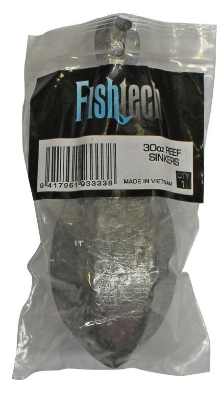 Fishtech Reef Sinker 30oz with unique bowling-pin shape, designed for stability in deep currents during bottom fishing.