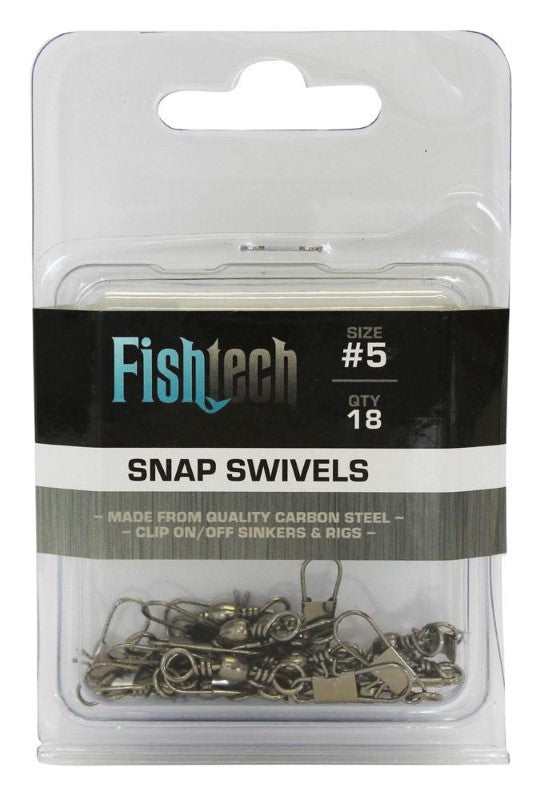 Fishtech #5 Snap Swivels pack with 18 robust, corrosion-resistant swivels for easy sinker and rig changes while fishing.