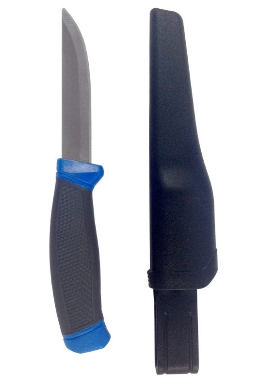 Blue Bait Knife with black sheath, 20cm stainless steel blade, designed for precise bait preparation and comfortable grip.