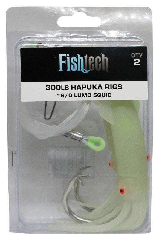 Durable Fishtech Hapuka Rig with 300lb trace, two 16/0 hooks, and lumo squid skirts for deep-sea fishing success.