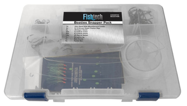 Comprehensive Fishtech Boat Tackle Kit with leader, rigs, hooks, and swivels organized in a sturdy tackle box for snapper fishing.