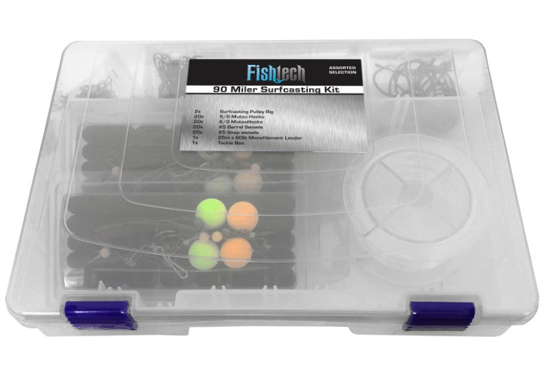 Fishtech Surfcasting Tackle Kit with tackle box, leader line, Mutsu hooks, swivels, and surfcasting rigs for snapper fishing.