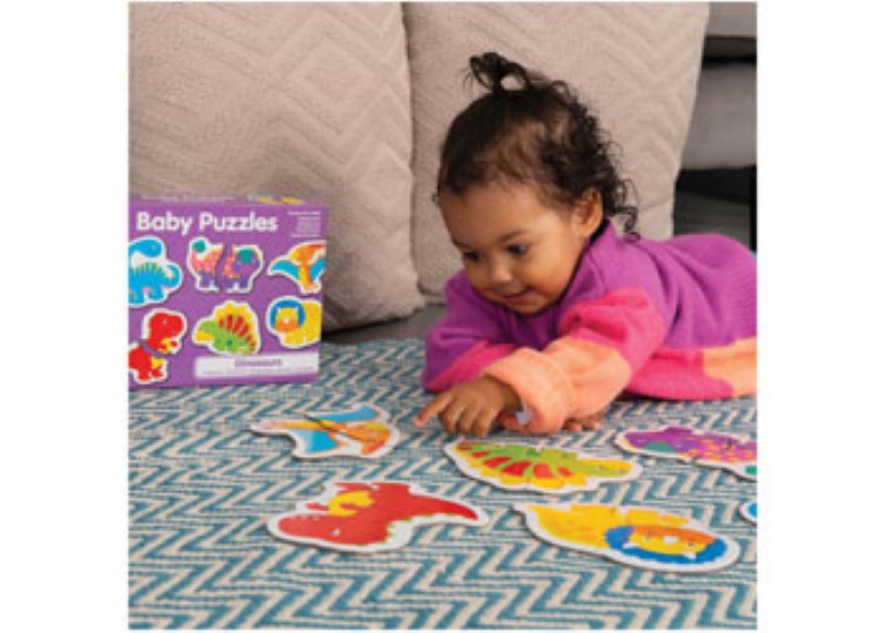 Colorful 2-piece dinosaur puzzle for toddlers, enhancing fine motor skills and problem-solving through engaging play.