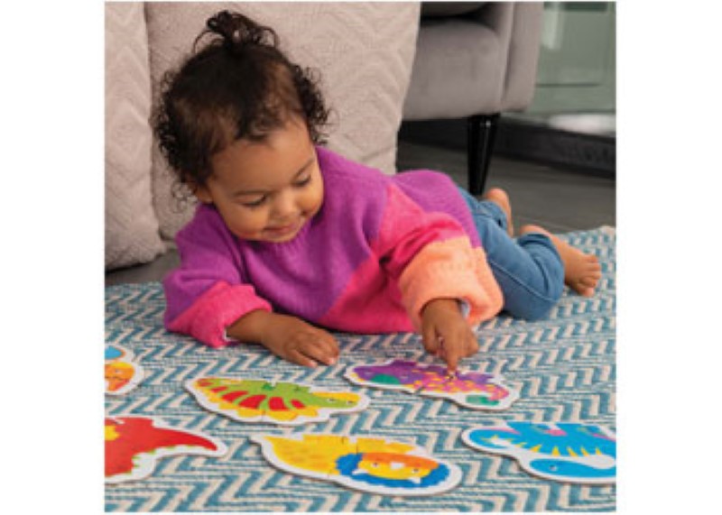Colorful 2-piece dinosaur puzzle for toddlers, enhancing fine motor skills and problem-solving through play.