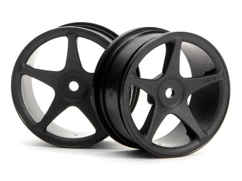 Black 1/10 RC wheels with 1mm offset, designed for enhanced performance and compatibility with various HPI models.