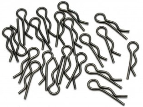 Black body clips for RC cars, pack of 20, designed for secure body attachment and durability in high-speed action.
