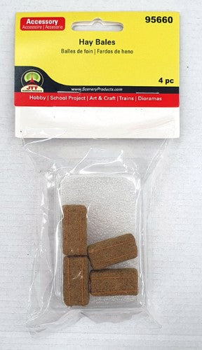Detailed pack of four rectangular hay bales for model landscapes, perfect for dioramas and train sets.