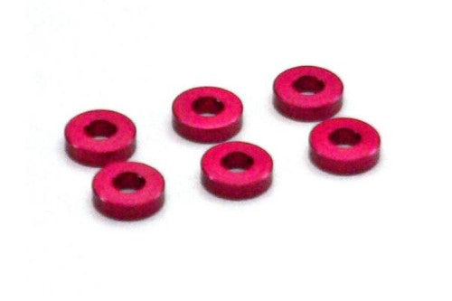 Red 2mm aluminum collars (6 pack) for RC models, enhancing performance and aesthetics with durable precision.