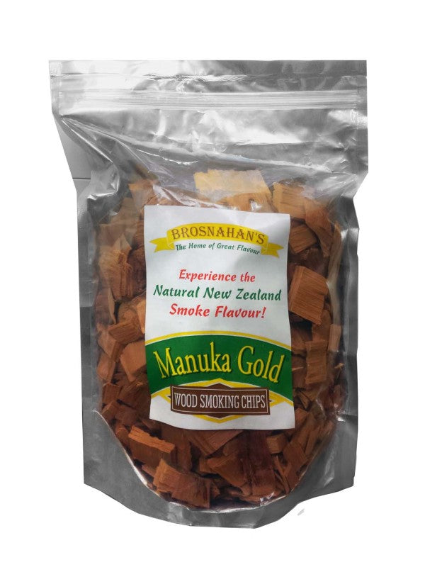 Brosnahan's Manuka Gold Chips, 750g, flavorful wood chips for enhancing beef, lamb, seafood, poultry, and vegetables.