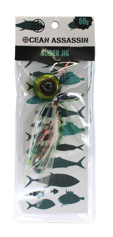 Ocean Assassin Slider Jig in vibrant green, 60g, designed for versatile, effective fishing with a sliding jig head and fluttering skirts.