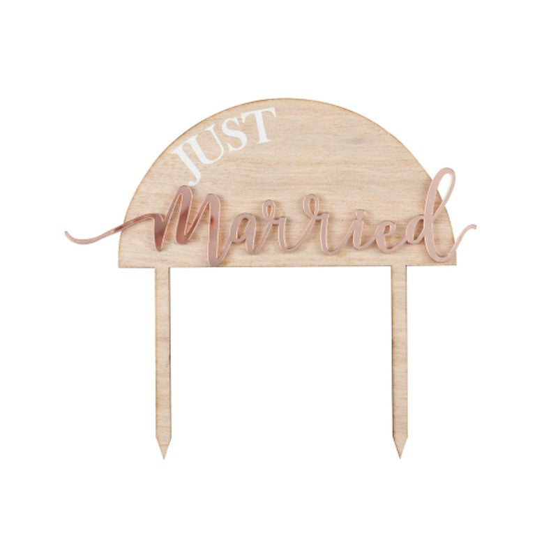 Elegant 'Just Married' acrylic cake topper on wood, 16.5cm x 18cm, perfect for weddings and celebrations.