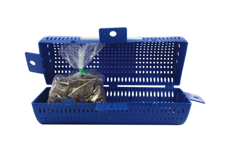 Blue plastic berley cage kit with pellets, enhancing fishing by attracting fish with frozen or dry berley.