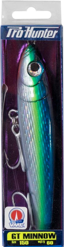 Pro Hunter GT Minnow 60g features reflective pearl finish and large eyes, designed to attract top predators like GT and Tuna.