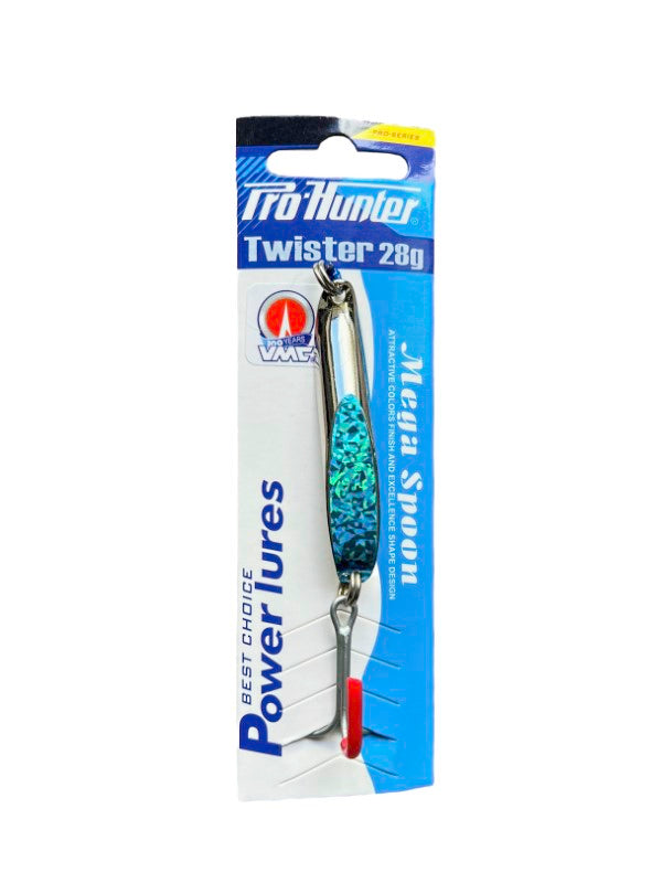 Pro Hunter Twister 28g in silver and blue, featuring a sharp treble hook and durable metal body for versatile fishing.