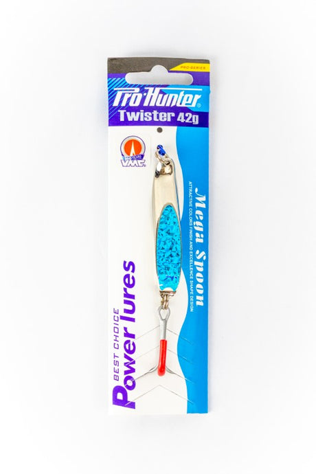 Pro Hunter Twister fishing lure in Silver/Blue, featuring a sharp treble hook and durable metal body for versatile fishing.