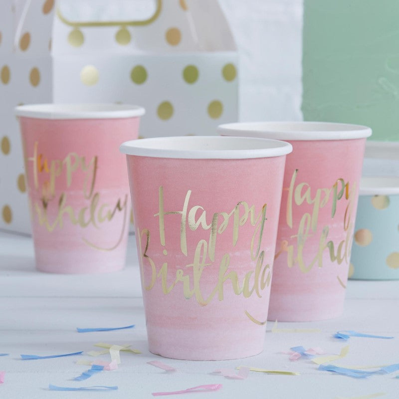 Pick & Mix Gold Foiled Pink Ombre Happy Birthday Paper Cups - Pack of 8