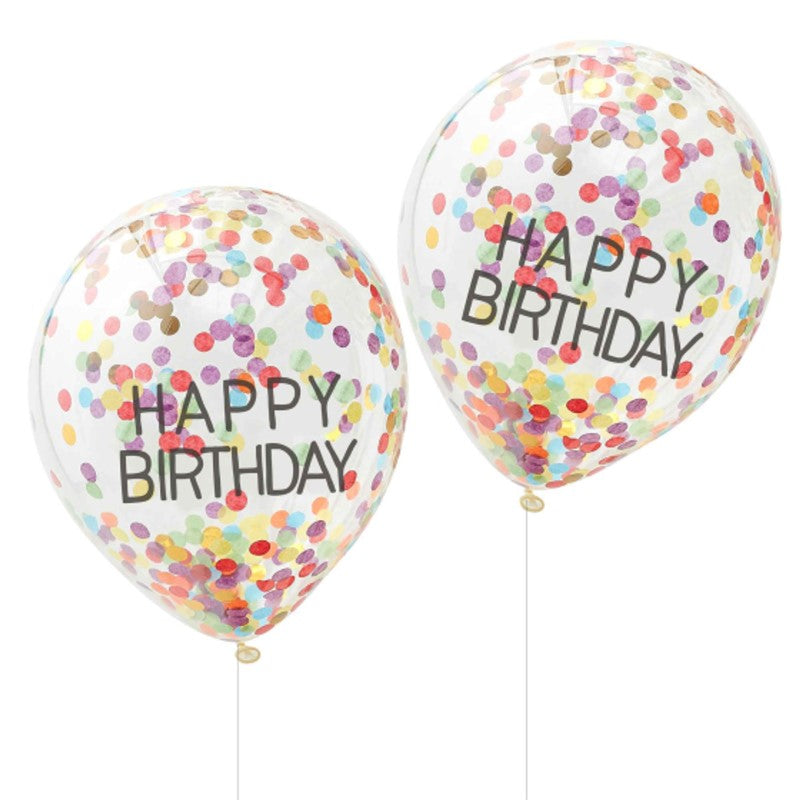 Happy Birthday Rainbow confetti balloons, 30cm, packed in 5, clear with colorful confetti, perfect for festive celebrations.