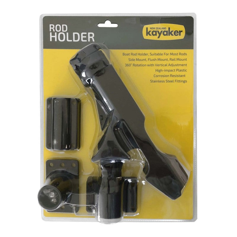 Adjustable rod holder for fishing, featuring side or flush mount, adjustable angle, and secure locking collar for stability.