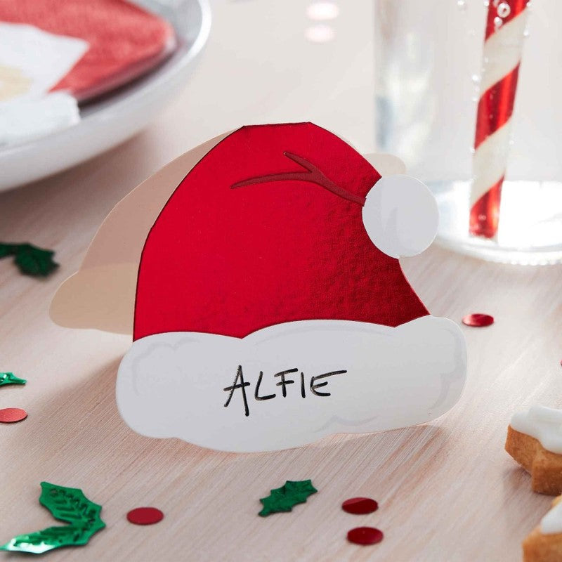 Whimsical Silly Santa Place Cards for festive table settings, perfect for Christmas parties; pack of 10, 6cm x 7cm.