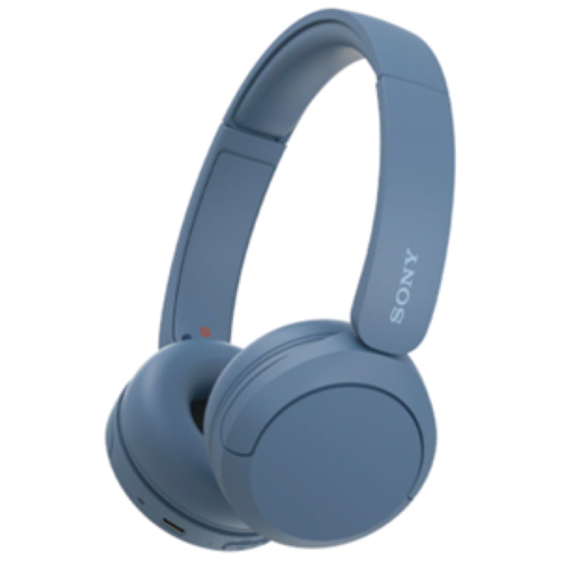 Blue Sony WH-CH520 Bluetooth headphones featuring 50-hour battery life, DSEE sound restoration, and hands-free calling.