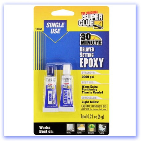 A syringe of 30 min epoxy adhesive (6gm) for strong, precise bonding in crafts and repairs, suitable for various materials.