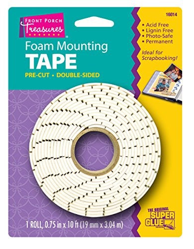 Foam mounting tape for crafts, pre-cut 0.75"x10', ideal for adhering photos and lightweight materials securely.