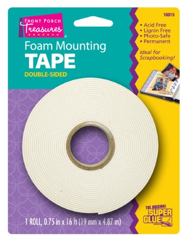 Foam mounting tape (0.75"x16') for strong, flexible adhesion in crafting, scrapbooking, and home decor projects.