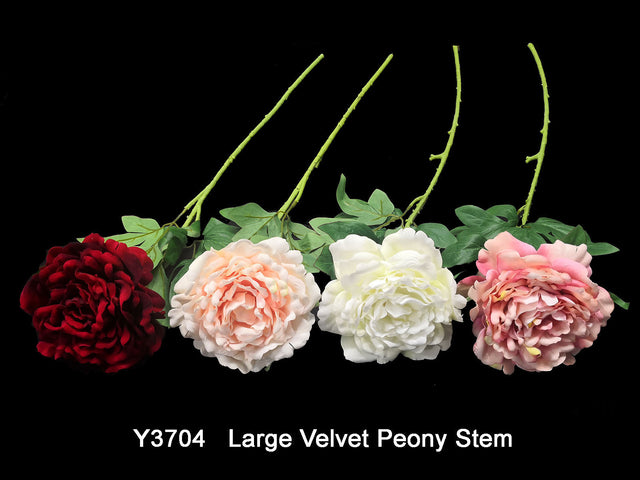 Single large velvet peony in vibrant color, perfect for home decor or elegant arrangements without maintenance.