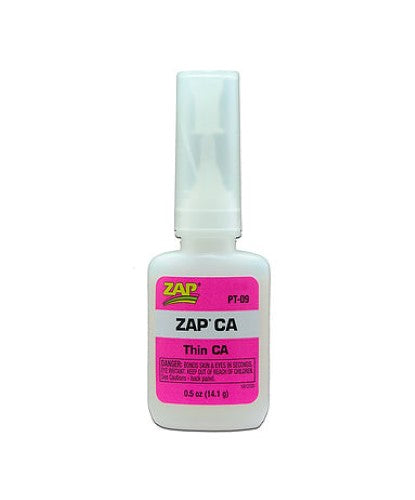 ZAP CAThin 14.1g hobby glue for precise, fast bonding on metal, wood, rubber, ceramics, and fabrics in crafting projects.