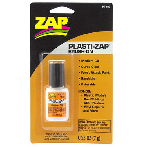 Plasti-Zap CA 7g Brush On adhesive, ideal for precision bonding of plastic and vinyl without damaging finishes.