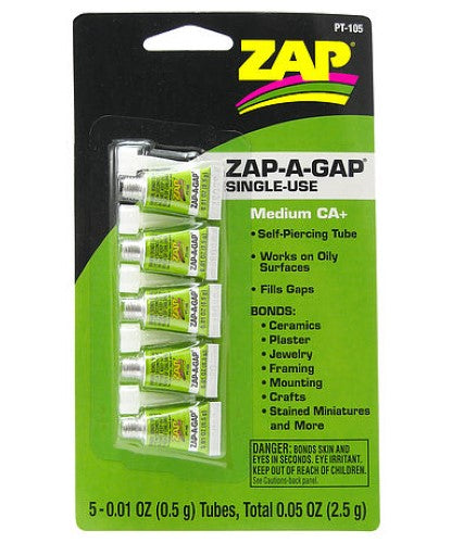 Zap-A-Gap Hobby Glue: 5 self-piercing tubes for strong, precise adhesion on wood, plastic, metal, and ceramics.