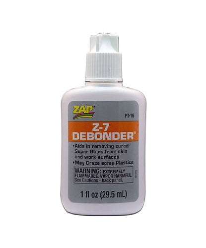 Hobby Glue Z-7 Debonder removes super glues easily, gentle on plastics, odorless, perfect for quick fixes in crafting.