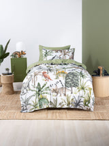 Single duvet cover set featuring vibrant dinosaur designs on cotton, reversible to white fleck pattern; perfect for kids' rooms.