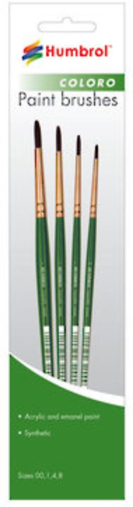 Humbrol Coloro Brush Pack featuring sizes 00, 1, 4, and 8, ideal for precision painting and versatility with all paint types.