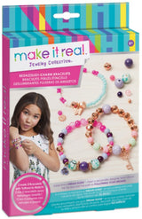 Colorful DIY charm bracelet kit with beads and charms for kids, includes elastic thread and matching tattoo sheet for creative play.