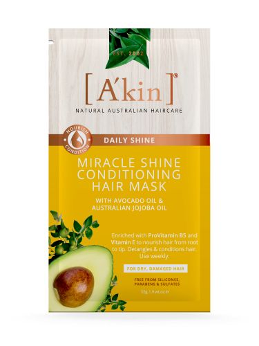 Akin Miracle Shine Conditioning Hair Mask in a 55g jar, enriched with Avocado and Jojoba Oils for hydrated, radiant hair.