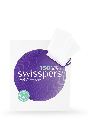 Soft Swisspers cotton squares in a 150-pack, perfect for makeup removal and skincare, with crimped edges to prevent fiber mess.